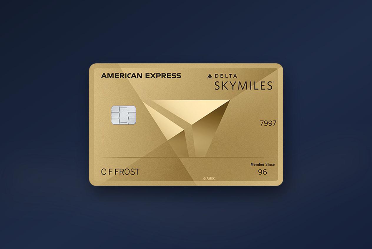 The Delta SkyMiles Gold American Express Card on a deep navy background
