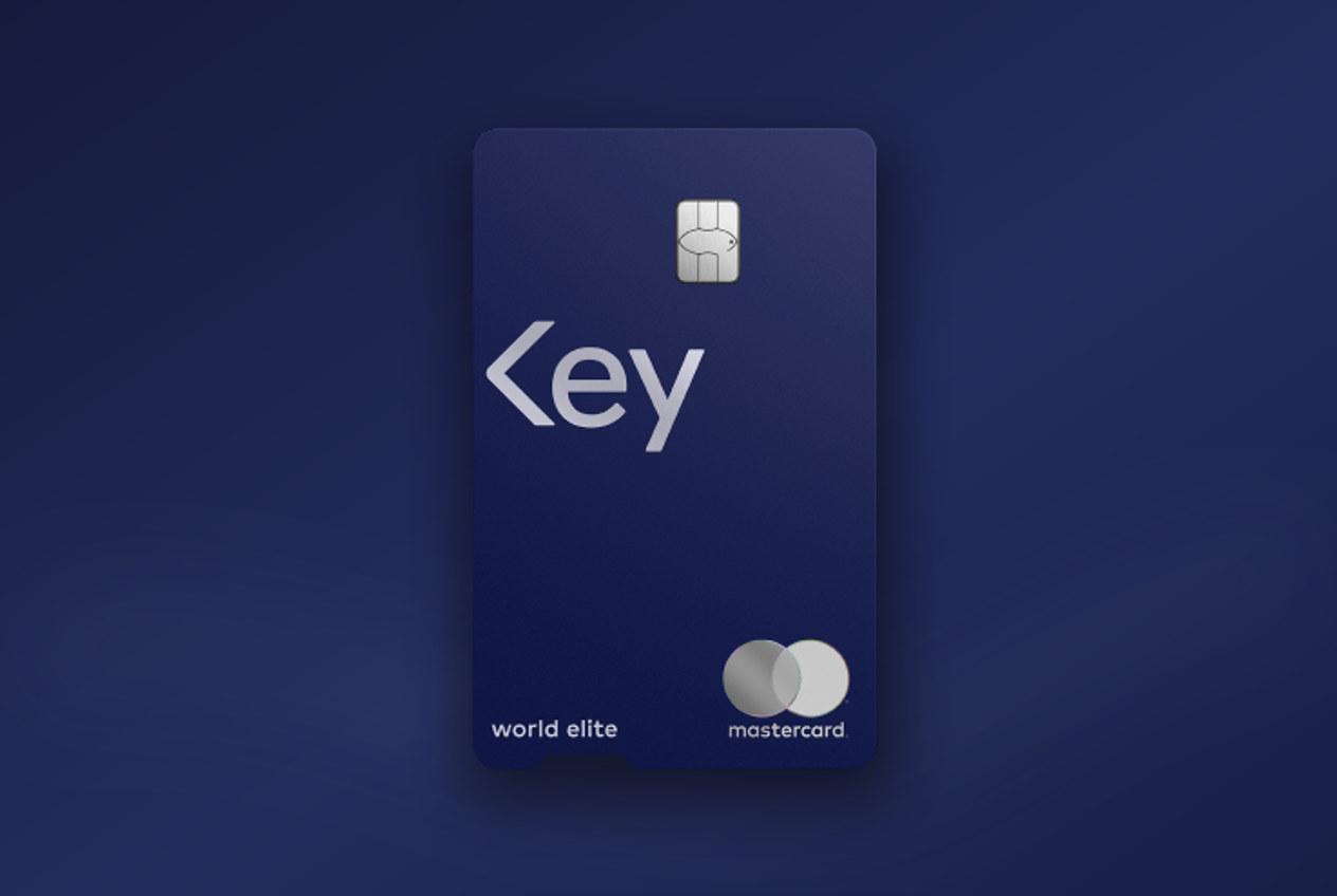 The Wells Fargo One Key Card upright on an indigo background