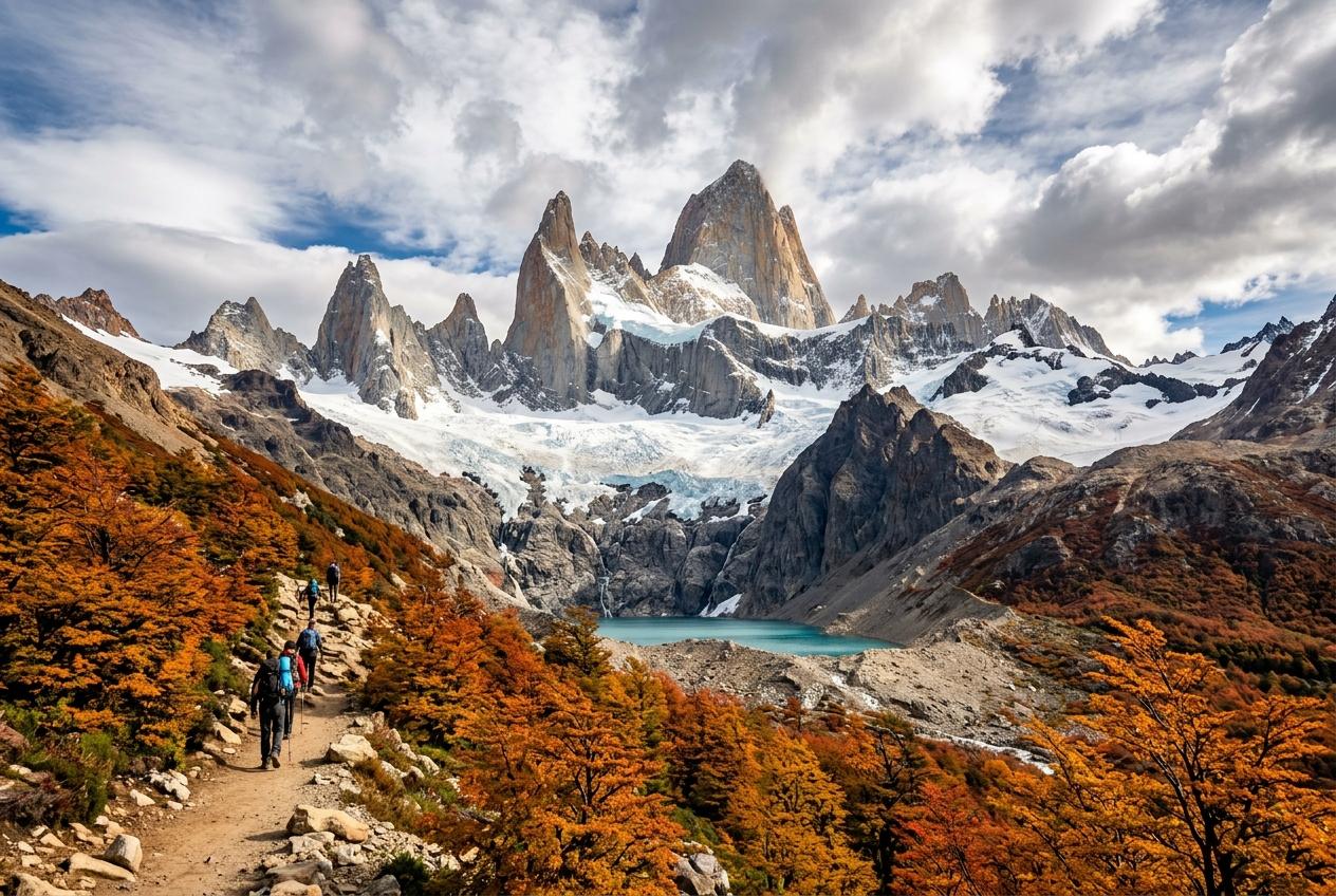 Mount Fitz Roy peaks surrounded by autumn foliage in Patagonia