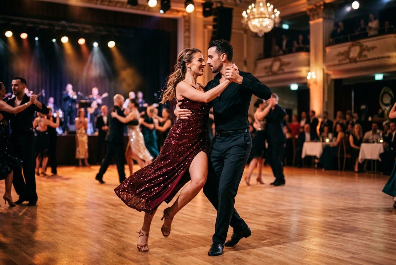 Couple elegantly dancing bachata in a beautifully lit ballroom