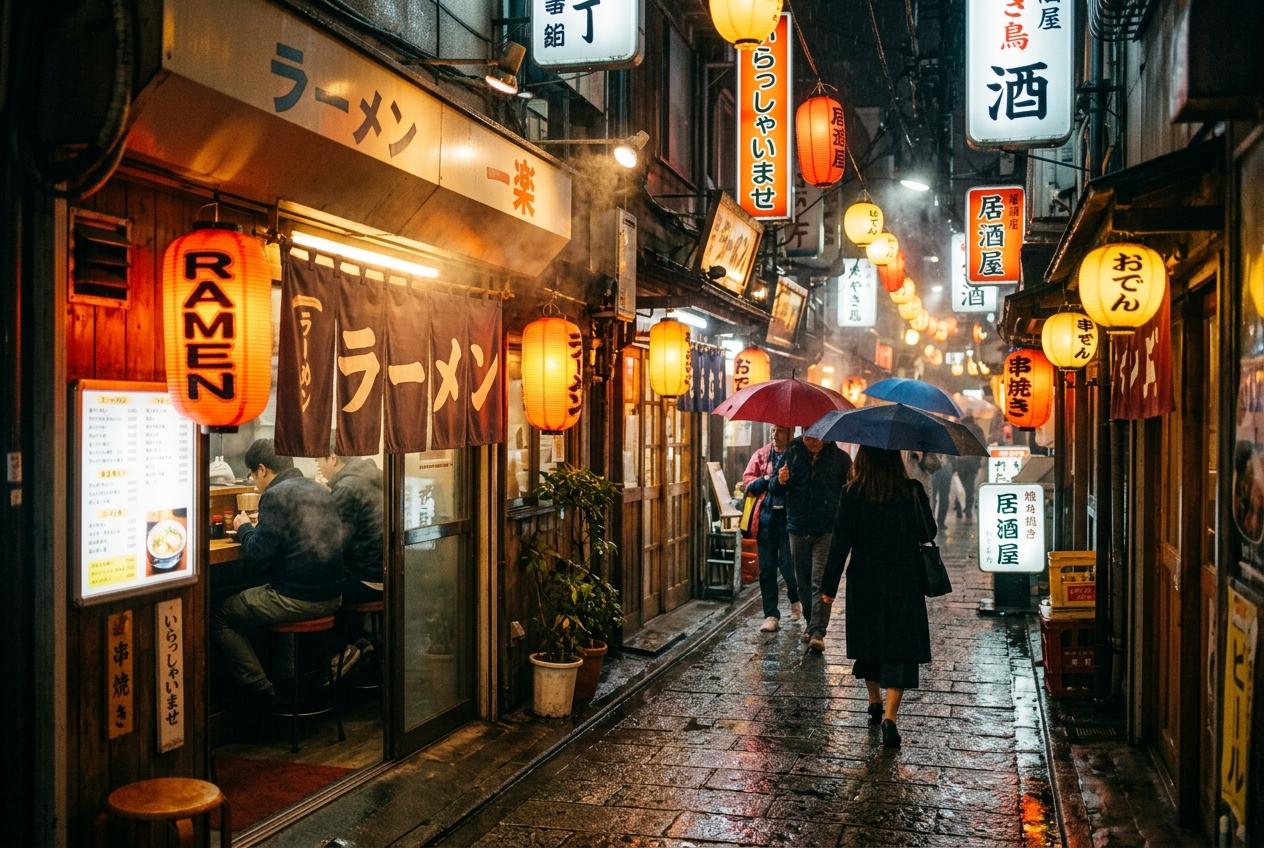 A warm-lit Tokyo alleyway with lanterns and ramen shops at night